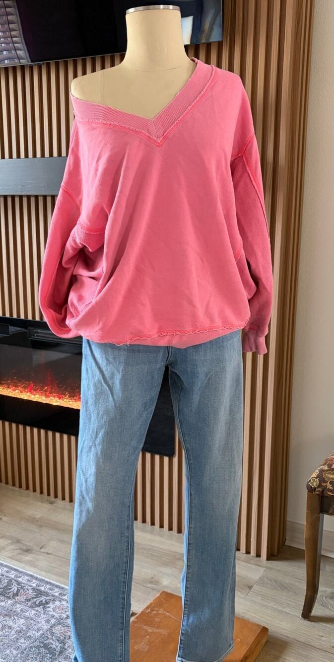 Aerie Oversized V-Neck Sweatshirt Women's Large Pink Raw Hem Slouchy Lounge